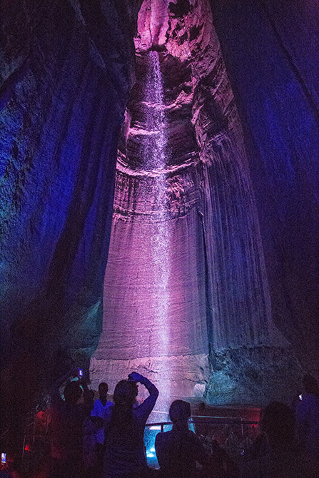 ruby falls waterfall with blue lights