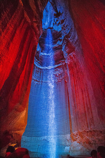 ruby falls waterfall with red lights